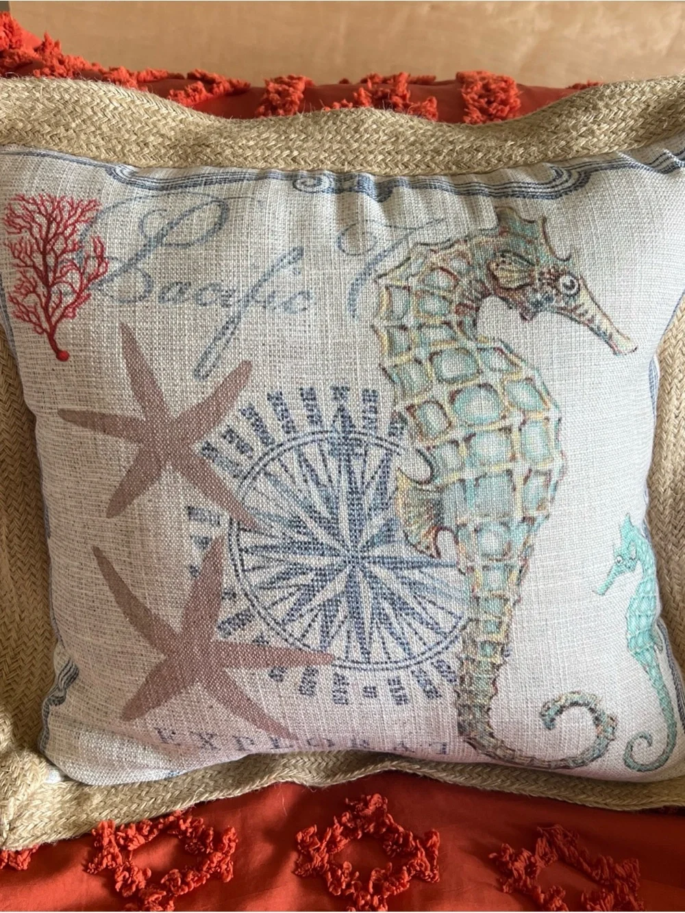 Coastal Seahorse Decorative Pillow - Beige & Aqua 20”x20” Rope Edge